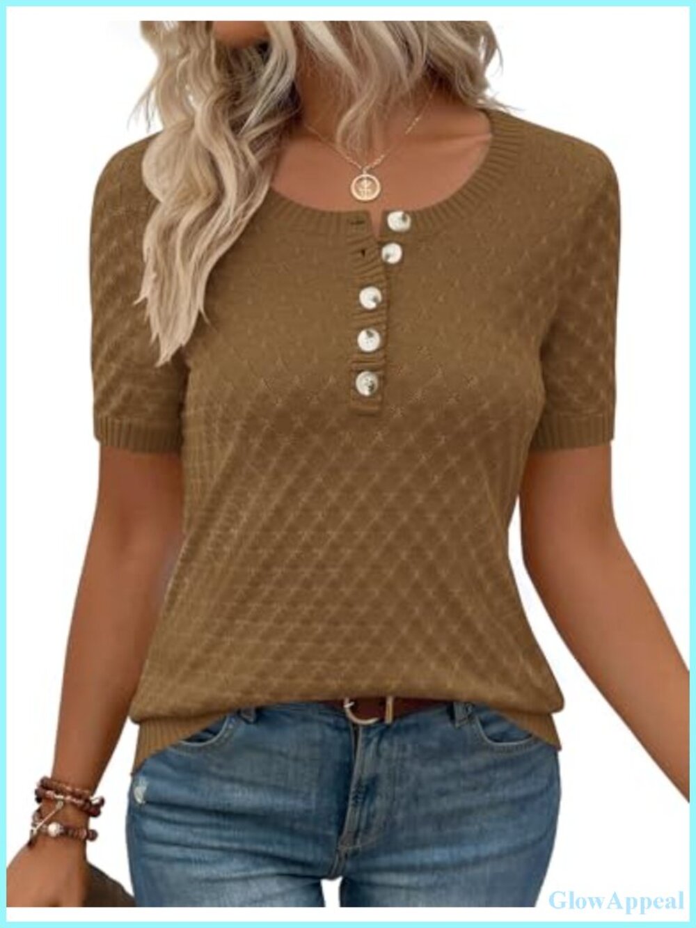 Womens Short Sleeve Knit Henley Sweater Pullover Lightweight Summer Top S-XL